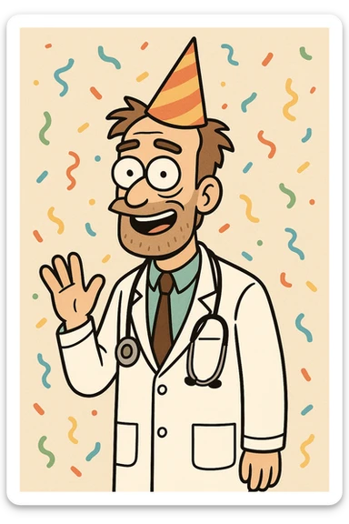 cartoon doctor in lab coat, festive party hat, confetti background sticker