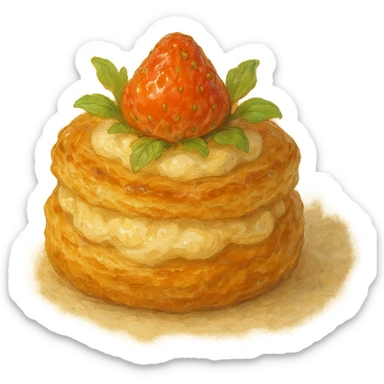 realistic whimsical pastry, natural colors, soft, fairy-like atmosphere, no background, square size sticker