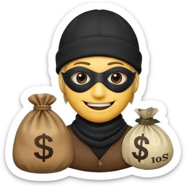 smiley robber wears black eye mask and black beanies with one money bag beside him sticker