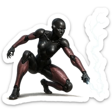 slim, powerful black female robot with small ear pieces, pink hexagonal arms and legs, crouched and ready to strike with a lightning whip, dynamic, realistic pose, no border, transparent background, realistic art style sticker