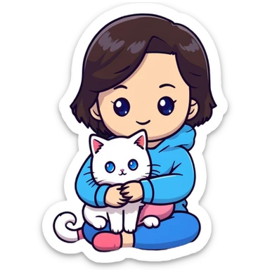 Cute Asian girl cradling a ragdoll cat with blue eyes and light colored fur with darker points sticker