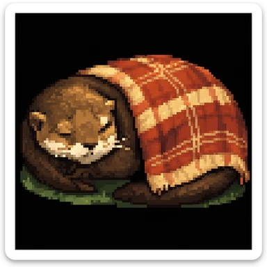 Make the image a pixel art style: Add a cozy blanket draped over the sleeping otter, keep pixel art style and colors sticker