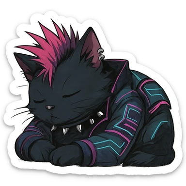  a cat laying down his head to nap, punk gothic style, futuristic cyberwave cyberpunk, sitting position sticker