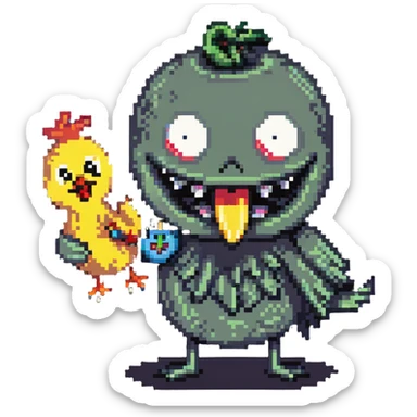 bulging eyes, unhinged grin, too many teeth, one eyeball twitching, tongue out sideways, sweating, glitching, peace sign, holding cursed rubber chicken sticker