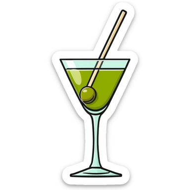 classic cocktail glass with perfectly clear colorless liquid like pure water, completely transparent with no tint, containing a green olive speared on a toothpick at the bottom sticker