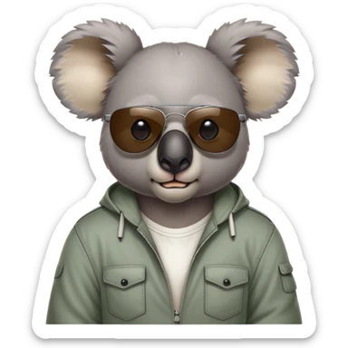 anthropomorphised koala, head and shoulders, casual clothing, dark sunglasses, fierce expression sticker