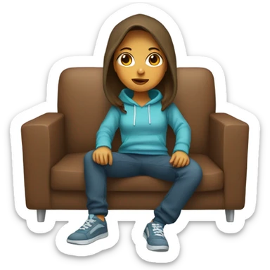 A girl with square brown hair in a hoodie and pants on the couch sticker