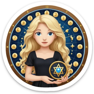 A long wavy haired blonde girl with blue eyes, wearing black, holding astrology natal chart. sticker