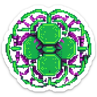 minimalist cartoon emoji of a neural network node cluster, LLM/AI theme, Matrix-inspired cyberpunk style, three neon green shades with magenta, clean crisp pixel lines, techy sticker look, stroke, futuristic digital feel sticker