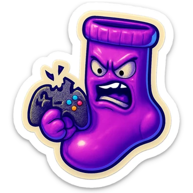A neon-purple sock with a rage face, holding a broken controller, representing rage or frustration in gaming. sticker
