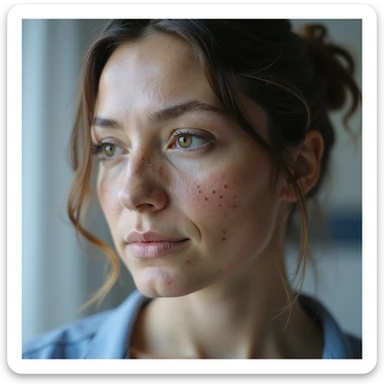 realistic woman with PCOS, face with acne marks and chin hair, slightly thinning hair, medical atmosphere, hyperrealistic 4K details sticker