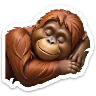Meme-Worthy cute Sleeping Orangutan Portrait Emoji, Head resting peacefully with a contented smile, showcasing luxuriously soft fur and eyes gently closed in serene slumber, Simplified yet comically adorable features, highly detailed, glowing with a soft, drowsy jungle light, high shine, relaxed and utterly lovable, stylized with an air of playful laziness, bright and heartwarming, soft glowing outline, capturing the essence of a sleeping orangutan that feels destined to become the next viral icon of adorable rest! sticker