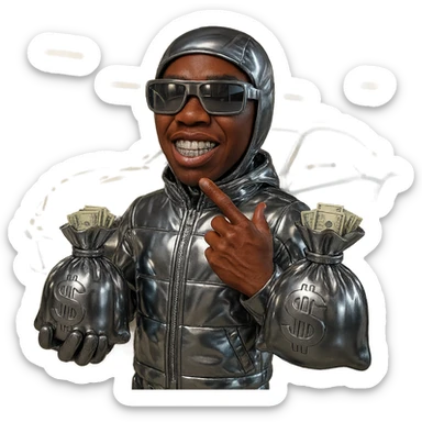 Create a character with realistic brown skin tone and natural facial features. The character has shiny chrome grills on his teeth and is wearing a full chrome suit, not just a jacket. He is also wearing bold, stylish carrier glasses. The character is holding two chrome brown money bags, each with realistic US dollar bills coming out of the top. The character is posted up in front of a car, with the background showing a parking garage similar to the reference images. The face and hands should look natural and realistic. sticker