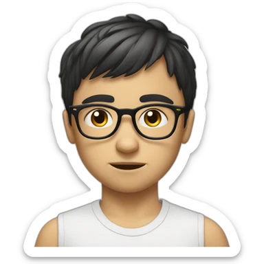Russian boy in glasses with short black bangs back in glasses and a stupid look in nike sticker