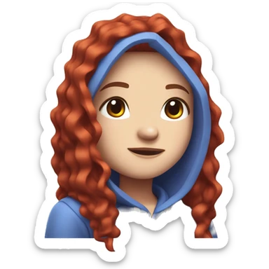 a white girl with long red curly hair, wearing periwinkle Minecraft hoodie playing a videogame sticker