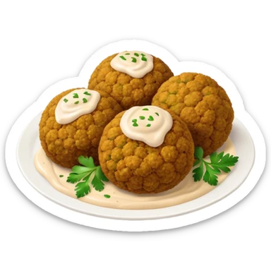 Cinematic Realistic Falafel Dish Emoji, depicted as crispy, golden falafel balls served with tahini sauce rendered with lifelike textures and vibrant, appetizing lighting. sticker