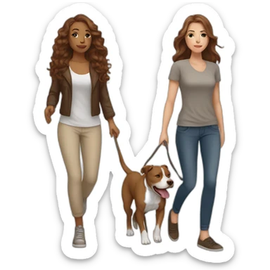 White woman with long wavy brown hair walking tan and white pitbull sticker
