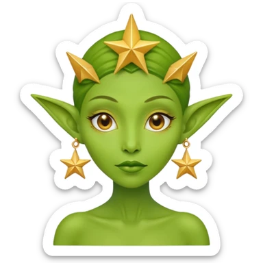 green alien woman with golden star earrings sticker