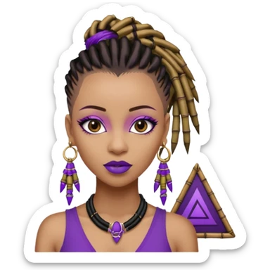 Black queen with a  dreads mohawk hairstyle, purple lipstick,  purple eyeshadow,  bamboo triangle earrings with the name Draya personalized on them.  sticker