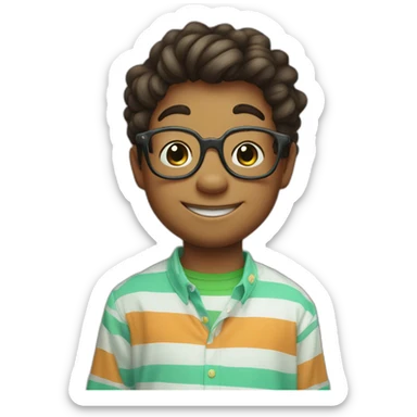 yoshi smiling with a skinny five year old boy with glasses in a striped shirt sticker