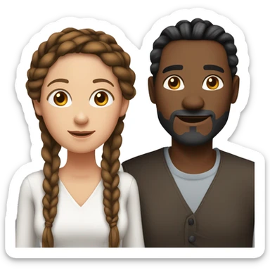 Woman and man couple, in their 40's, woman is medium dark black complexion, her hair is long black twisted braids, man is fair skinned white male with reddish hair that's medium length sticker