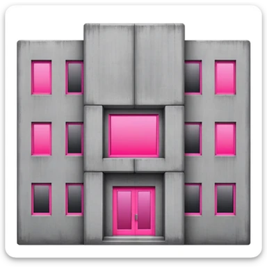 Gray concrete brutalist architecture with a single bright pink window and multiple regular windows sticker