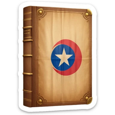 Ancient book with Puerto Rican flag on leather cover, theater curtain symbol carved in wood, warm vintage parchment textures, soft golden glow representing timelessness and theatrical heritage sticker