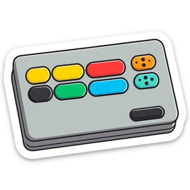 Gray rectangular game button box with black cord and four multicolored small circle buttons sticker
