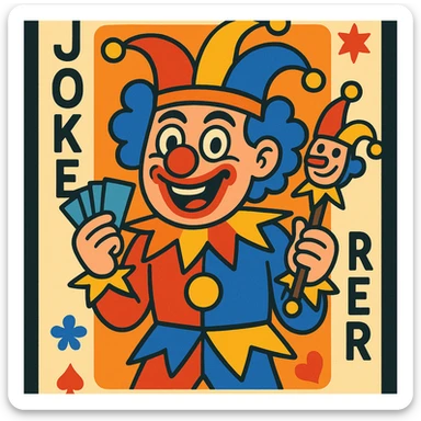 wacky joker clown playing card, vibrant colors, playful expression, whimsical details sticker