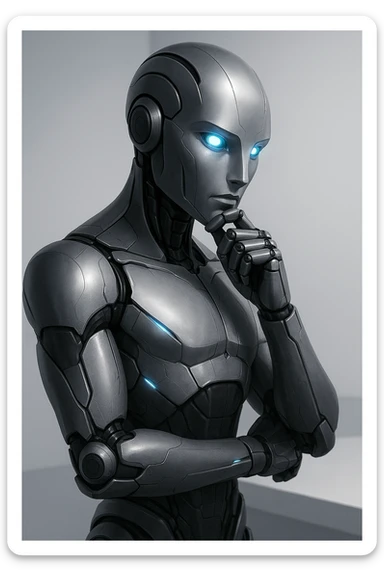a futuristic robot in a sleek design, glowing eyes, thoughtful pose sticker