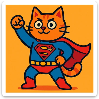 cat wearing Superman's outfit, heroic pose, vibrant colors, cartoon style sticker