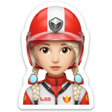 woman with white braided hair in red racer helmet sticker