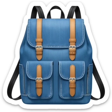 Minimalist emoji-style icon of a stylish blue denim backpack with a flap top, two vertical black buckle straps,and two zipper side pockets. Inspired by Tommy Jeans design. 

 sticker