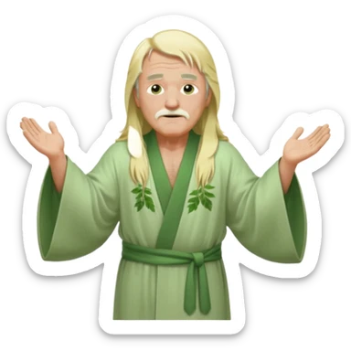 an old man, green eyes, long blonde hair, light green wide, flowing outer robe. opening arms, gazing thoughtfully. Soft light, subtle fern. Waist-up, profile. sticker