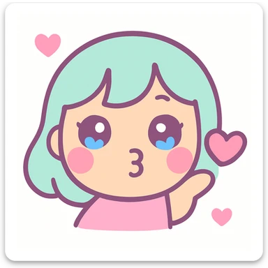 girly emote blowing a kiss, pink cheeks, heart accent, kawaii style sticker