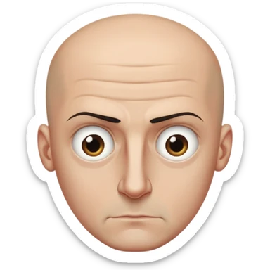 Steven Miller, bald, intense scowl, very narrow rectangular head, bottom lip sticking out, eyelids nearly shut and drooping on the outer sides, pronounced dark areas around eyes sticker