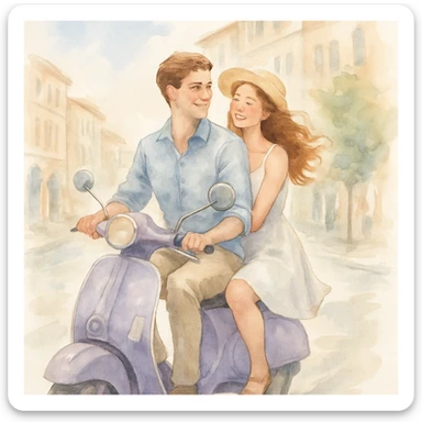 watercolour style, couple on a scooter, city street background, light and airy feel sticker