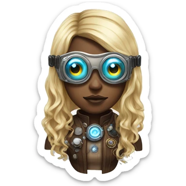 Brown long hair with blonde steaks female cyborg head, fair skin, steampunk goggles and circuits sticker