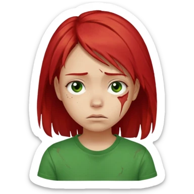 Young girl with red, damaged, and unattractive hair, wearing a green T-shirt, with a sad and subdued expression. sticker