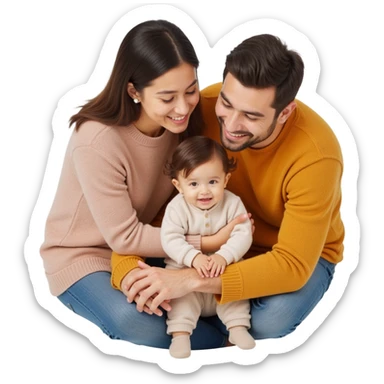 family photo showing a diverse family with two adults and a child smiling together, realistic skin, hair, and clothing textures, skeuomorphism style sticker