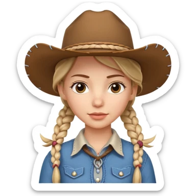 cute cowgirl portrait, head and shoulders only, cowboy hat, braided hair, western outfit collar, confident expression, 3D cartoon, mobile game icon style, clean background, no text, no watermark
 sticker