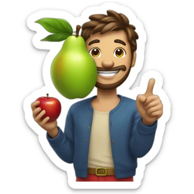 fruit man in fruit outfit smiling at the camera with an apple in his hand and pointing behind him sticker