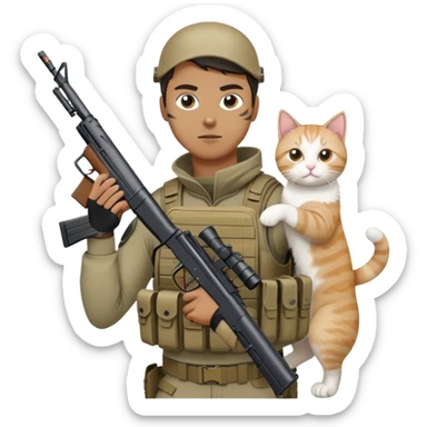 Man in tactical airsoft gear holding a gun in one hand and a white and brown cat in the other hand sticker