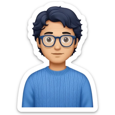 Man with wavy black hair in a comfortable blue sweater and glasses sticker