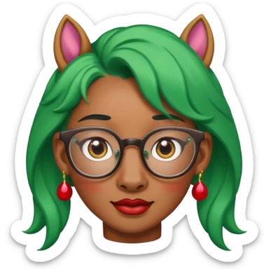 unicorn with green hair and big red earrings looking into camera and spectacle sticker