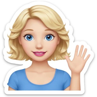 Girl Blonde short wavy hair,  blue eyes, cute blue top, long lashes, pink lips, smiling, waving hello  sticker