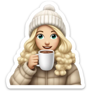 Blonde girl in a fluffy bobble hat holding hot chocolate sticker