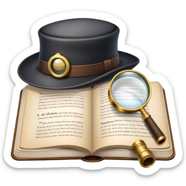Icon for Detective Reading: an open book with text and a magnifying glass, a detective’s hat and a notebook with clues, surrounded by dark shadows and mysterious elements like footprints and a smoking pipe. Transparent background. sticker