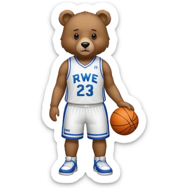 Bear with full body and wearing basketball white  jersey that says RWE  sticker