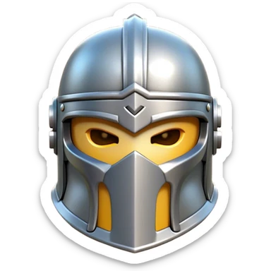 Clash of Clans aesthetic: Cinematic Playful Steel Helm Emoji, rendered in a 3D vector-style similar to standard emojis with minimal shading and bold, simplified shapes. A compact, isometric helmet crafted of shining steel with intricate engravings and a protective visor, softly glowing with a noble warrior charm. Simplified yet unmistakably iconic, highly detailed and consistent, glowing with a soft radiant gleam and high polish. Stylized with a touch of chivalric tradition and a soft glowing outline, capturing the essence of a stalwart battle helm with a friendly, playful manner! sticker